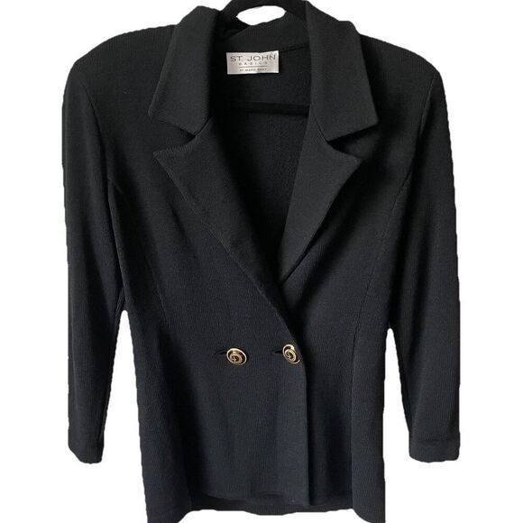St. John Basics Blazer Jacket Womens  Vintage Black Santana Knit Gold Buttons 4 - Picture 1 of 2